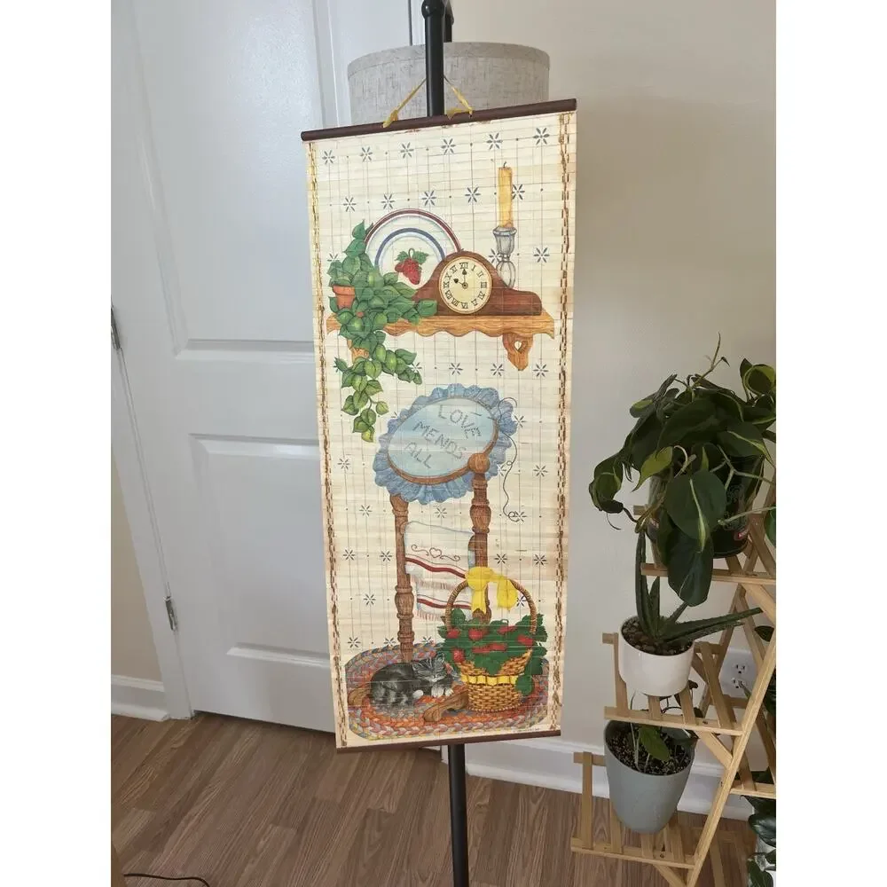 VINTAGE Kitsch 1987 Bless Cat Cozy CALENDAR WALL SCROLL BAMBOO WOOD